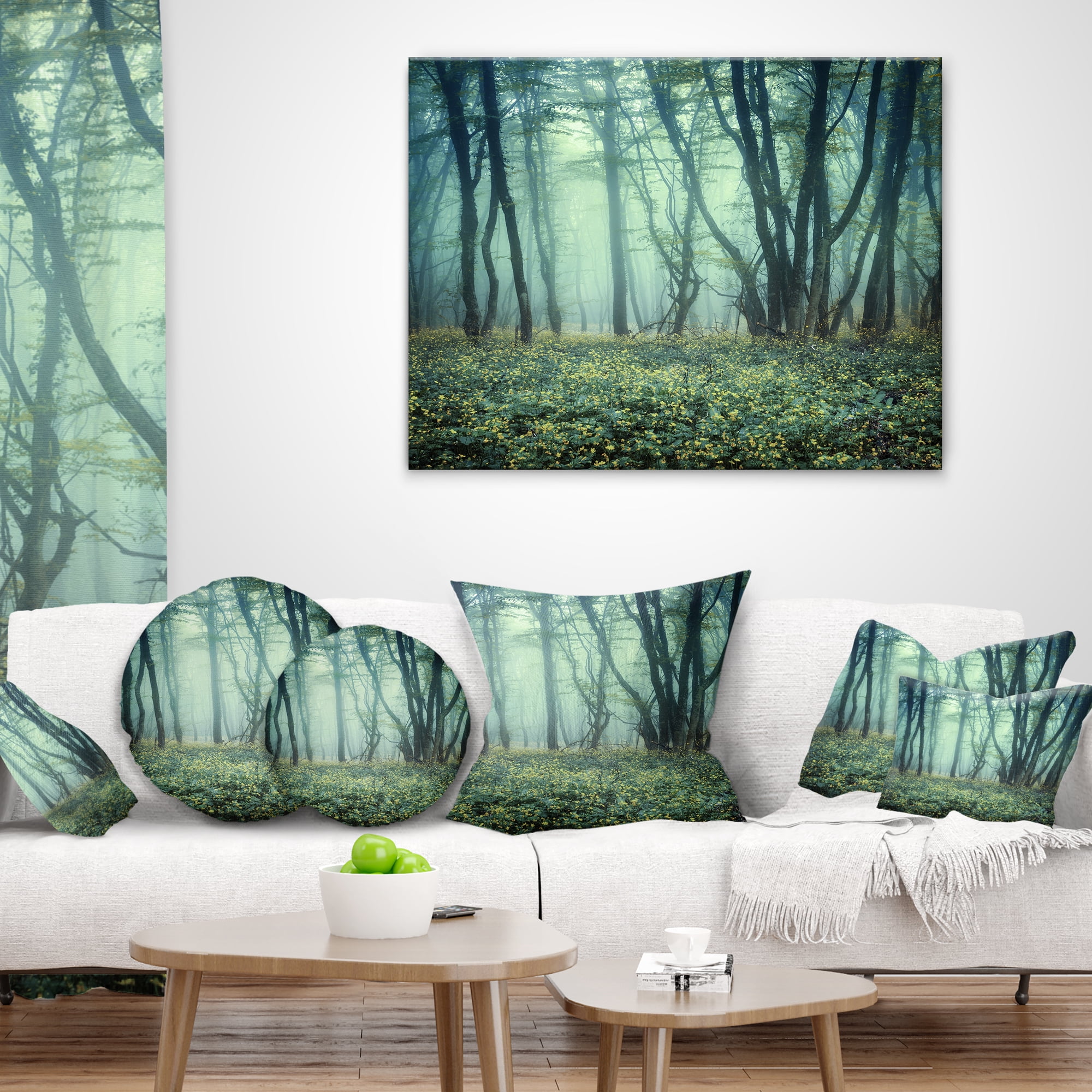 Designart Trail Through Foggy Forest - Landscape Photo Throw Pillow - 12x20