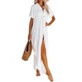 thumbnail image 3 of Sedceaty Women Casual Beachwear Dress, Solid Color Short Sleeve Button-Down Lapel Loose Cover-Up, 3 of 8
