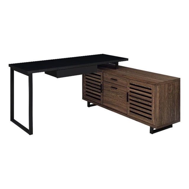 Doxx L Shape Computer Desk- 2 Doors Drawers Black Metal- Walnut Wood