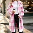 thumbnail image 2 of QQZ Plaid Fuzzy Fleece Hooded Coat For Women, Mid Length Button Front Long Sleeve Jacket, Womens Warm Casual Outerwear With Big Pockets For Fall Winter Home And Daily Wear, 2 of 5