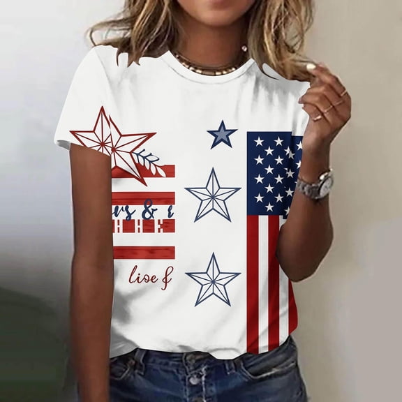 Vetsdori Short Sleeve Plus Size T Shirts for Women Summer Graphic Pullover Red White and Blue American Flag , Casual Independence Day Fashion Red White and Blue Womens Tops Crew Neck