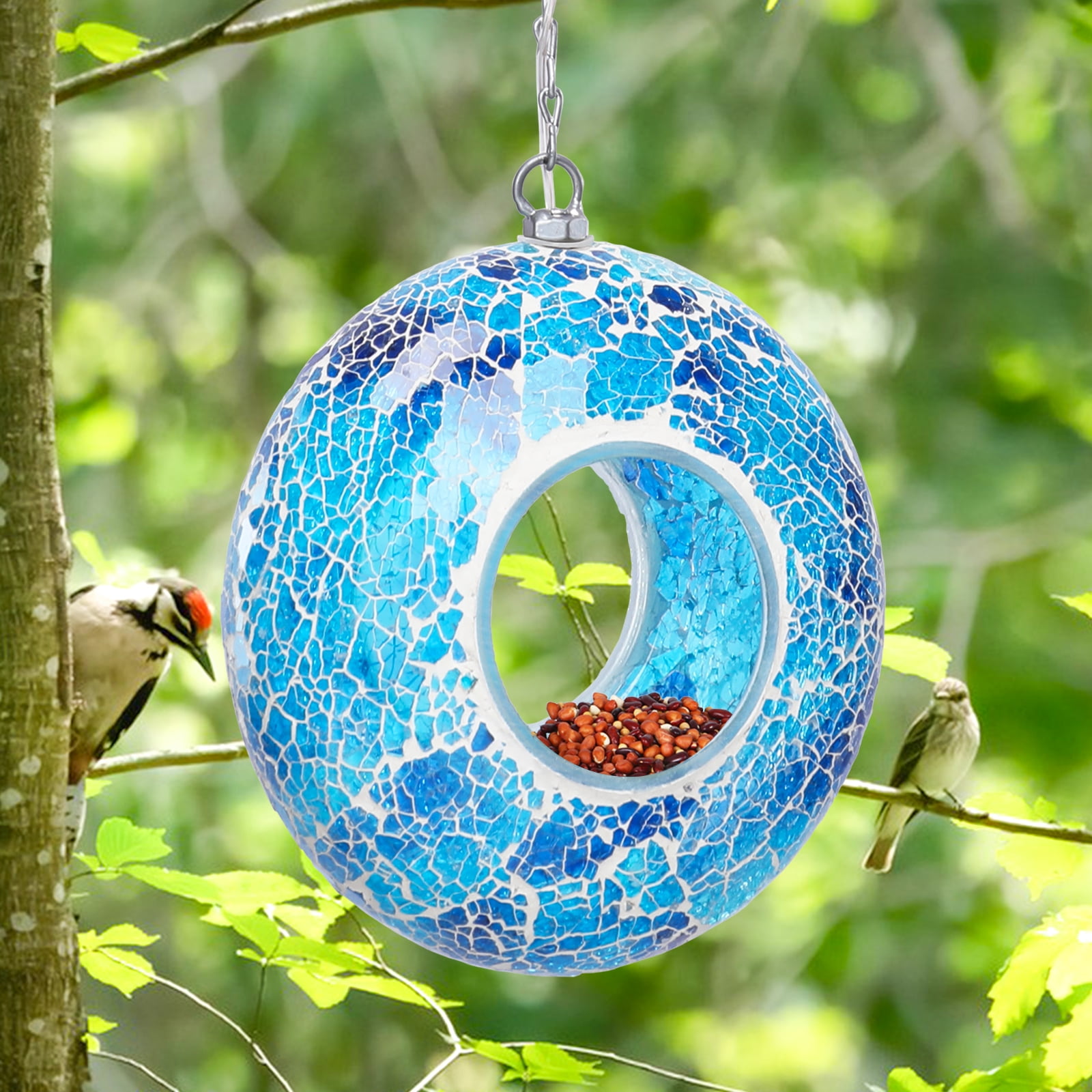 Outdoor Bird Feeder,Glass Fly Through Solar Bird Feeders,Mosaic Bird Feederfor Outdoor Hanging with Round Shape Glass Container for Garden Yard Decor