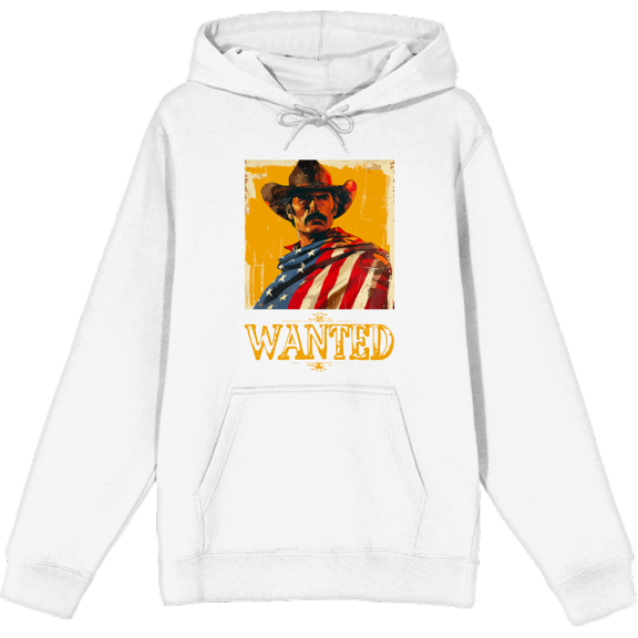 "Wanted" Cowboy With American Flag Adult White Long Sleeve Hoodie-Small