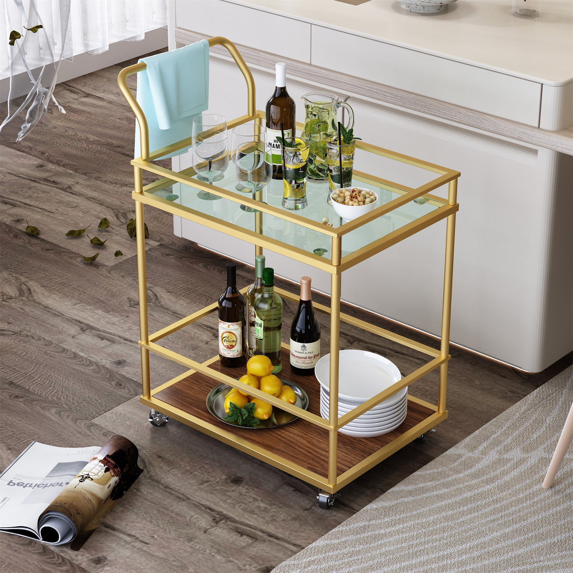 Private Jungle 2-Tier Mobile Metal Bar Serving Cart, Modern Kitchen Island Cart on Wheels, Gold Private Jungle 2-Tier Mobile Metal Bar Serving Cart, Modern Kitchen Island Cart on Wheels, Gold