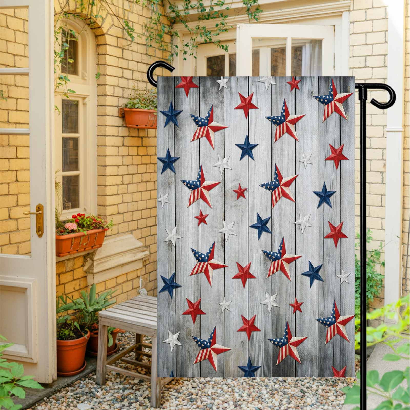 4th of July Garden Flags Patriotic Stars Stripes Garden Flag Double Sided Welcome Flag USA Flags Grey Wood Grain Independence Day Yard Flags for Outdoor Lawn Porch Memorial Day Decor 28x40 Inch