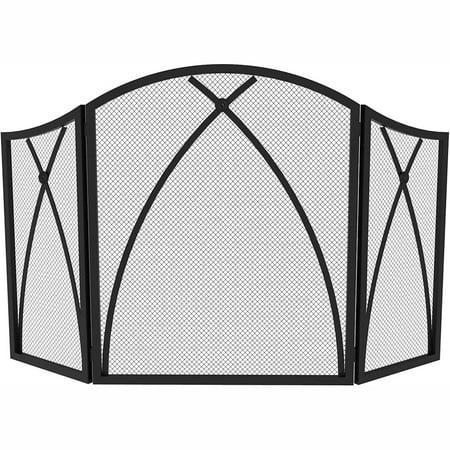 

Black 3 panel fire screen decorative chimney door cover for interior security square metal fire screen gas screen with doors 48 X30 freestanding wood stove screen.