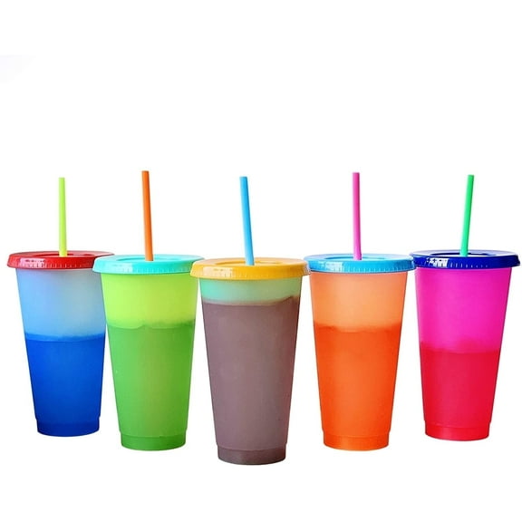 Triani Color Changing Tumblers 24oz 5-Pack Reusable Plastic Cups Iced Coffee Cup with Lid and Straw Reusable Plastic Cups Iced Coffee Cup for Adults Kids