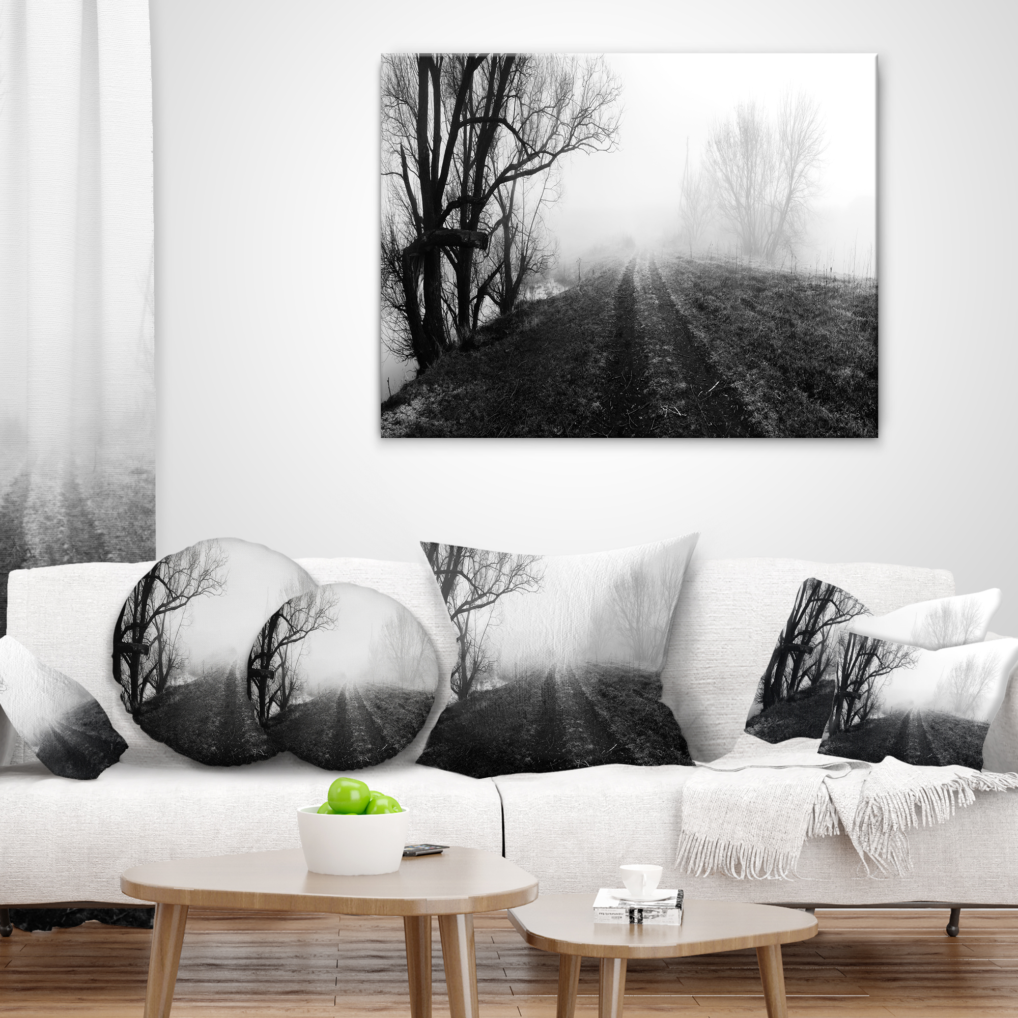 Designart Black and White Misty Landscape Panorama - Landscape Printed Throw Pillow - 12x20