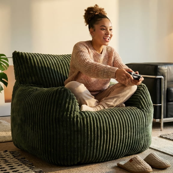 VibeFly 41" Wide Oversized Green Corduroy Boneless Bean Bag Chair for Adults