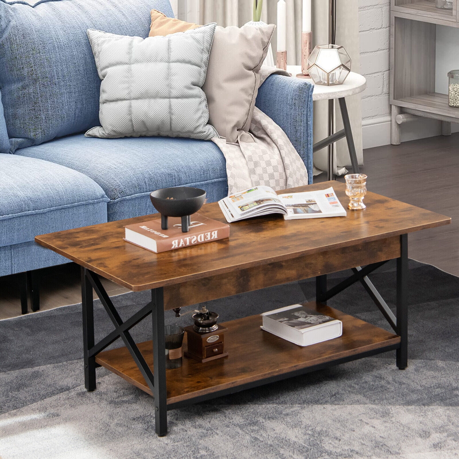 Gymax Coffee Table Industrial 2-Tier w/ Storage Shelf &Storage Shelf for Living Room Rustic Brown