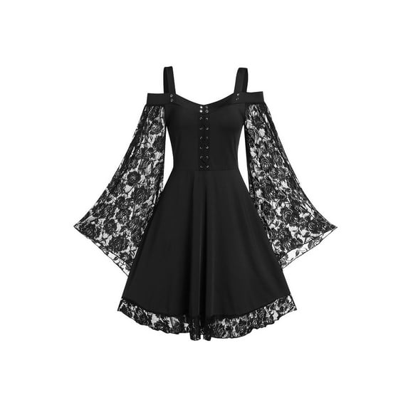 Qmyliery Ladies Temperament Formal Slip Dress, Lace Splicing Flower Embroidery Tie Up Flare Sleeve Off Shoulder Middle Skirt,L-5XL