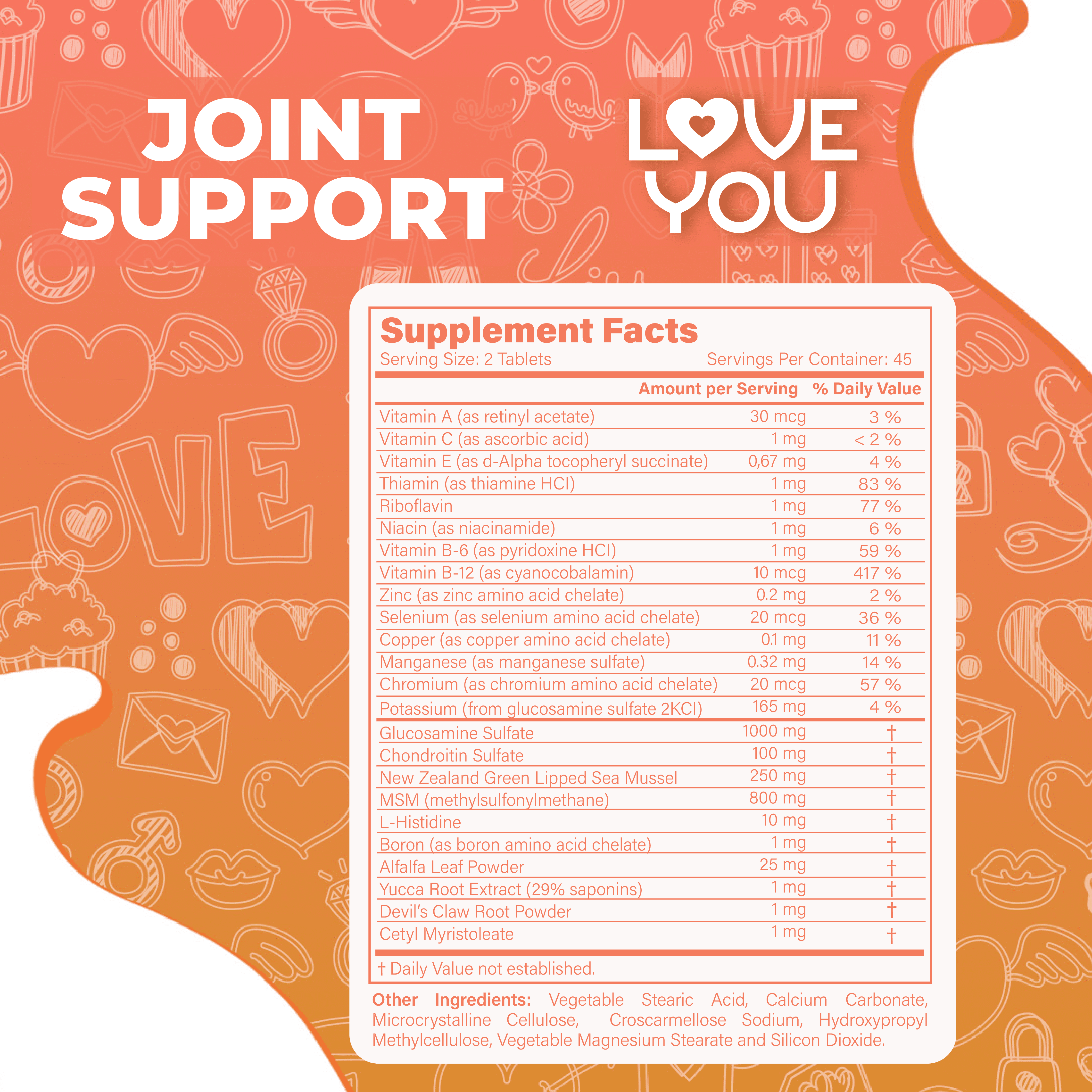 Love You Joint Support + Glucosamine + Chondroitin + Msm | Joint Support | Enhanced Cartilage | Stronger Bones | Relief for Bones | Back | Knees | Hands | 60 Tablets | 60 Serving