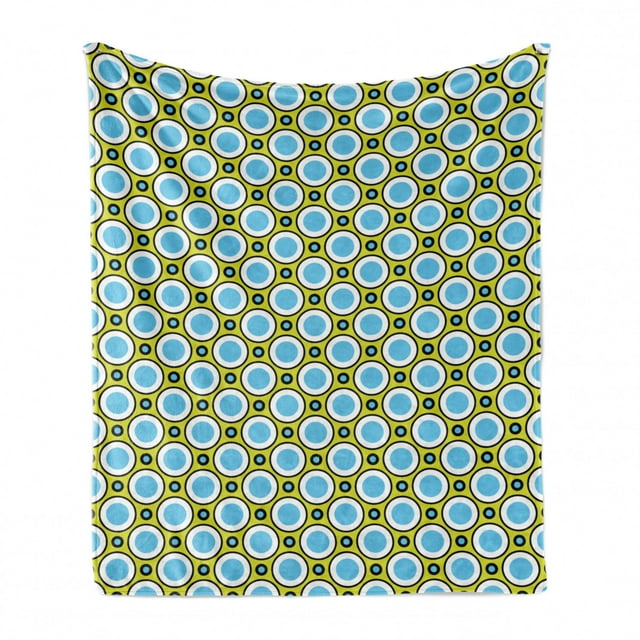 Geometric Soft Flannel Fleece Blanket, Retro Circles with Dots Round Design Elements Vintage Inspirations, Cozy Plush for Indoor and Outdoor Use, 60" x 80", Yellow Green Blue Black, by Ambesonne