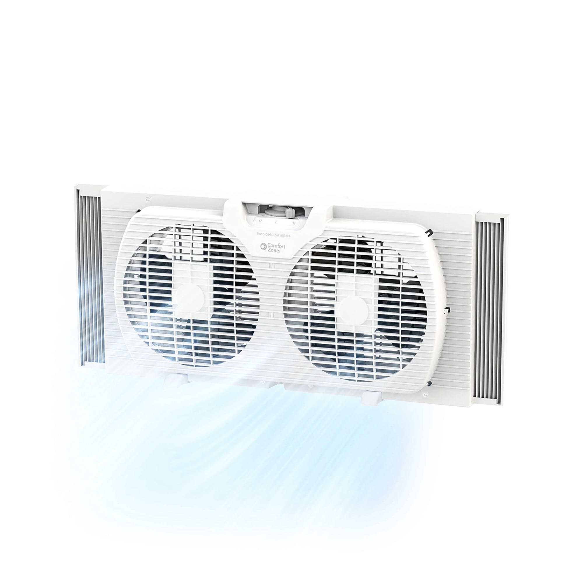 Comfort Zone 9-Inch Dual Window Fan with Reversible Exhaust, 2 Speeds, Expandable Sides & Removable Bug Cover, White