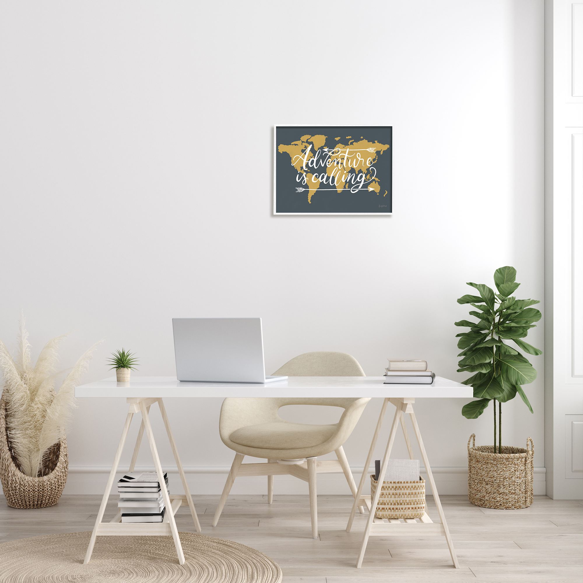 Stupell Industries Adventure is Calling Phrase Arrows over World Map Inspirational Painting White Framed Art Print Wall Art, 16 x 20
