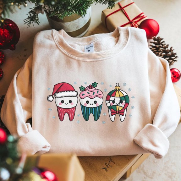 Christmas Teeth Embroidered Sweatshirt, Dentist Xmas Embroidery Shirt, New Year Dental Gifts