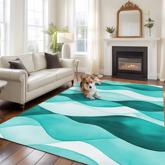 6'x9' Area Rugs, Turquoise Stripes Indoor Outdoor Area Rug for Living Room Bedroom, Vintage Farmhouse Ripple Texture Art Washable Bathroom Rugs Kitchen Floor Carpet Mats Home Decor Aesthetic
