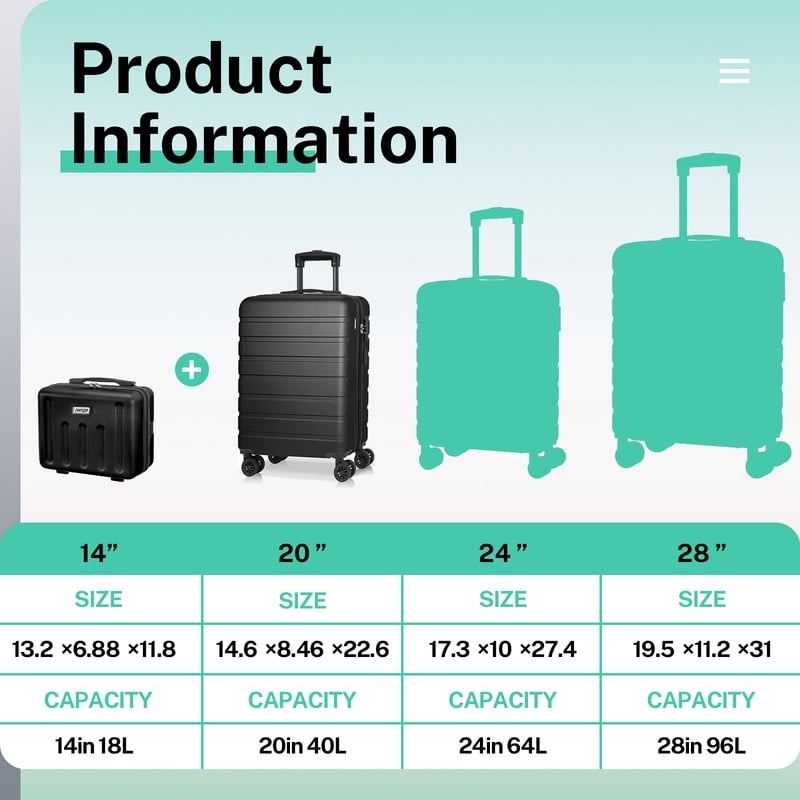 Luggage Sets 2 Piece Hardshell Lightweight Carry on Luggage Cosmetic Case with wheels USB Port TSA Lock 14 20 inch Black