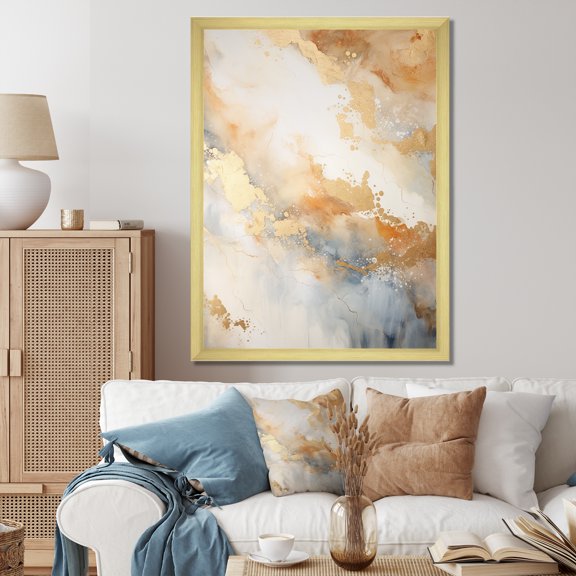 Designart "Magic Marble Geode In Gold And White IV" Abstract Marble Picture Framed Canvas Wall Art