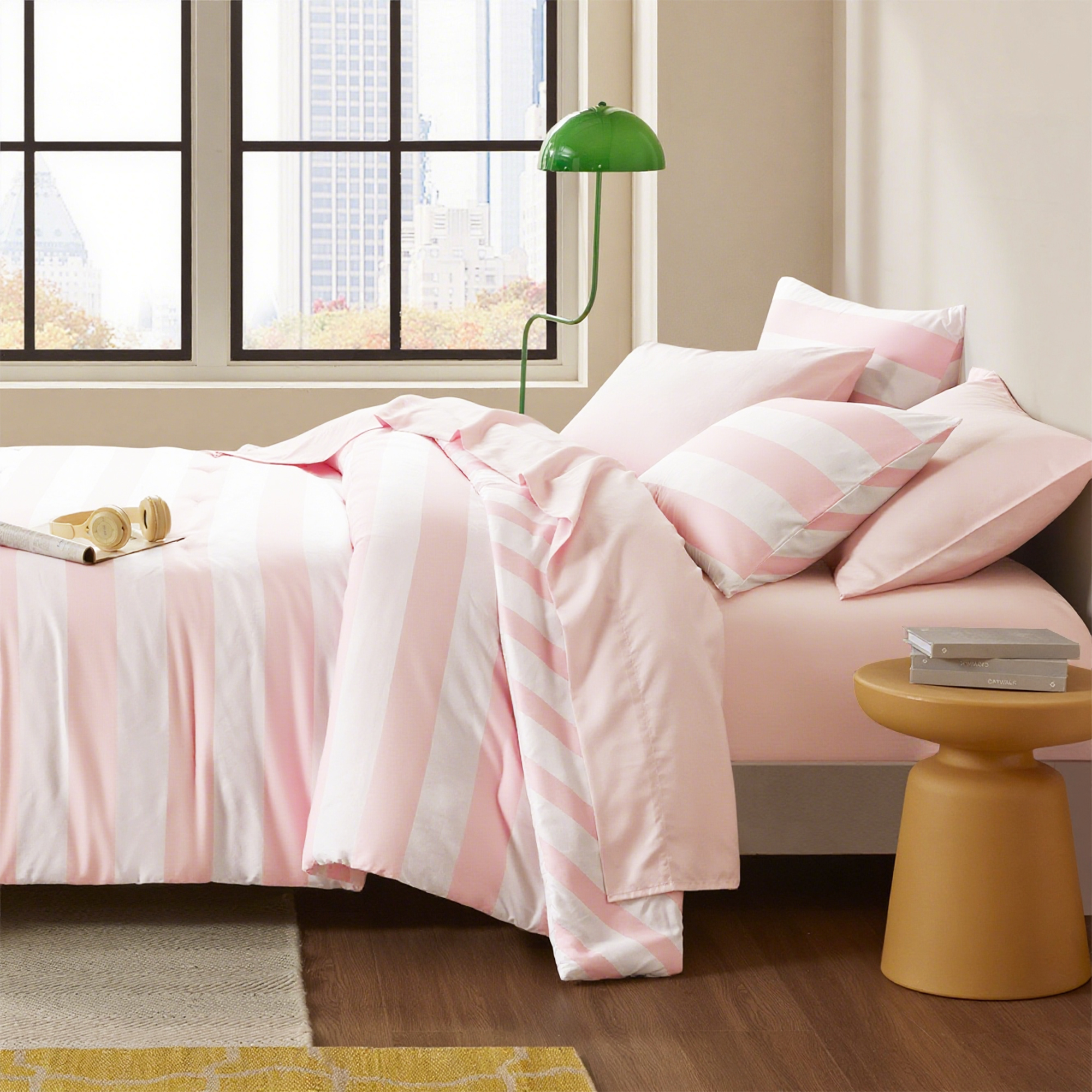 Regency Heights Essential Full/Queen Size Comforter Sets, 3-Piece Bedding Set Full/Queen, Reversible Striped Comforter Bed Set, Blush