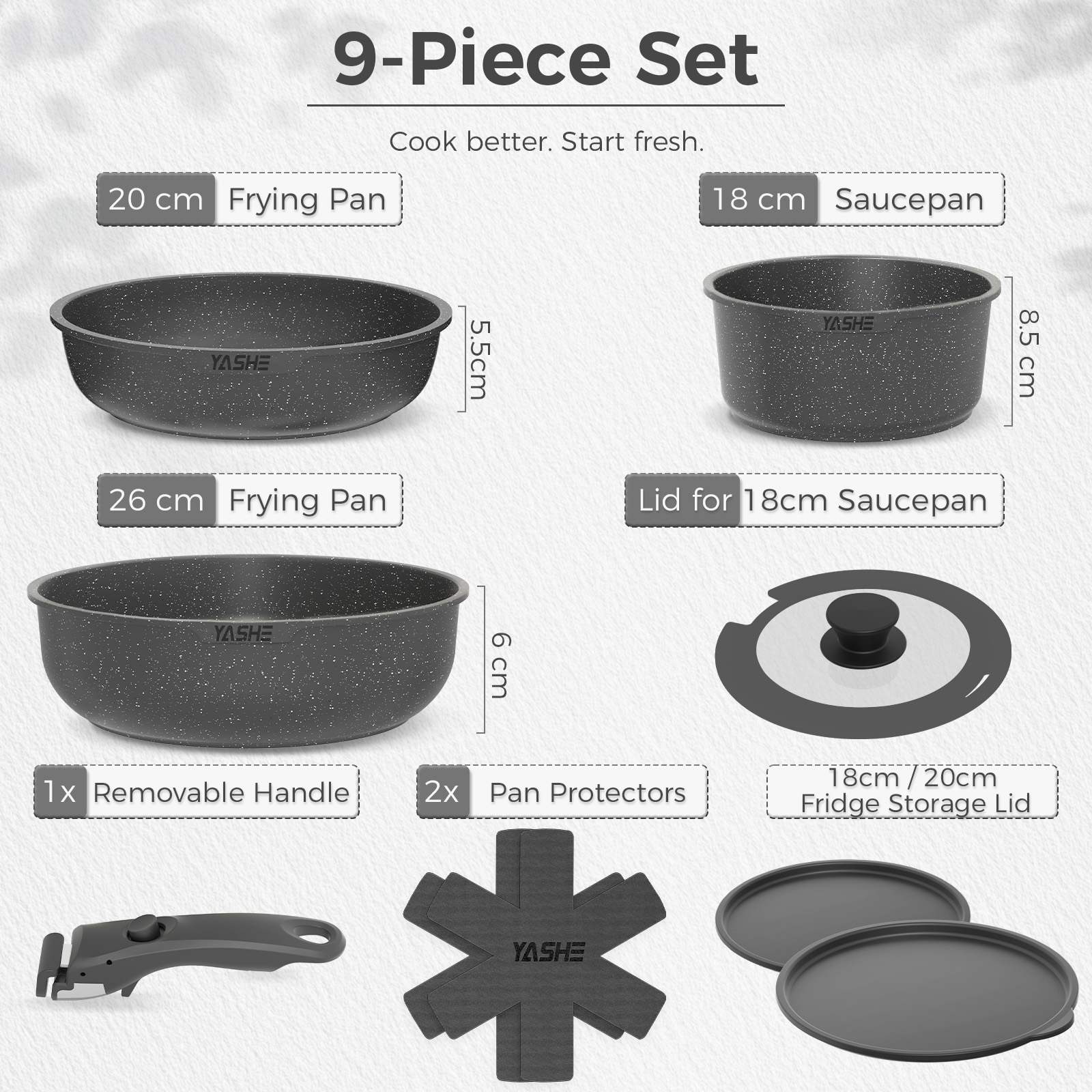 YASHE 9 Pcs Nonstick Cookware Set with Detachable Handle, Stackable Pots and Pans Set, Induction Compatible, Oven Safe, Space Saving Kitchen Cookware for Home & RV