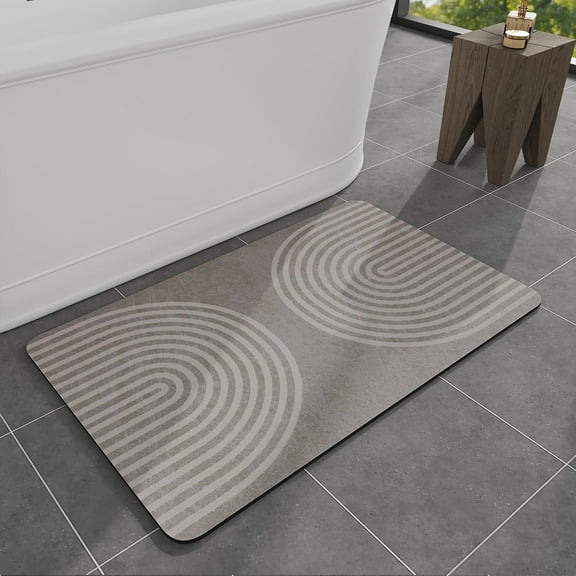 Non-Slip Bath Mat - Quick Dry Absorbent Faux Suede Bathroom Rug, 16" x 24" Grey & Beige Arc,Thin Design Fits Under Door