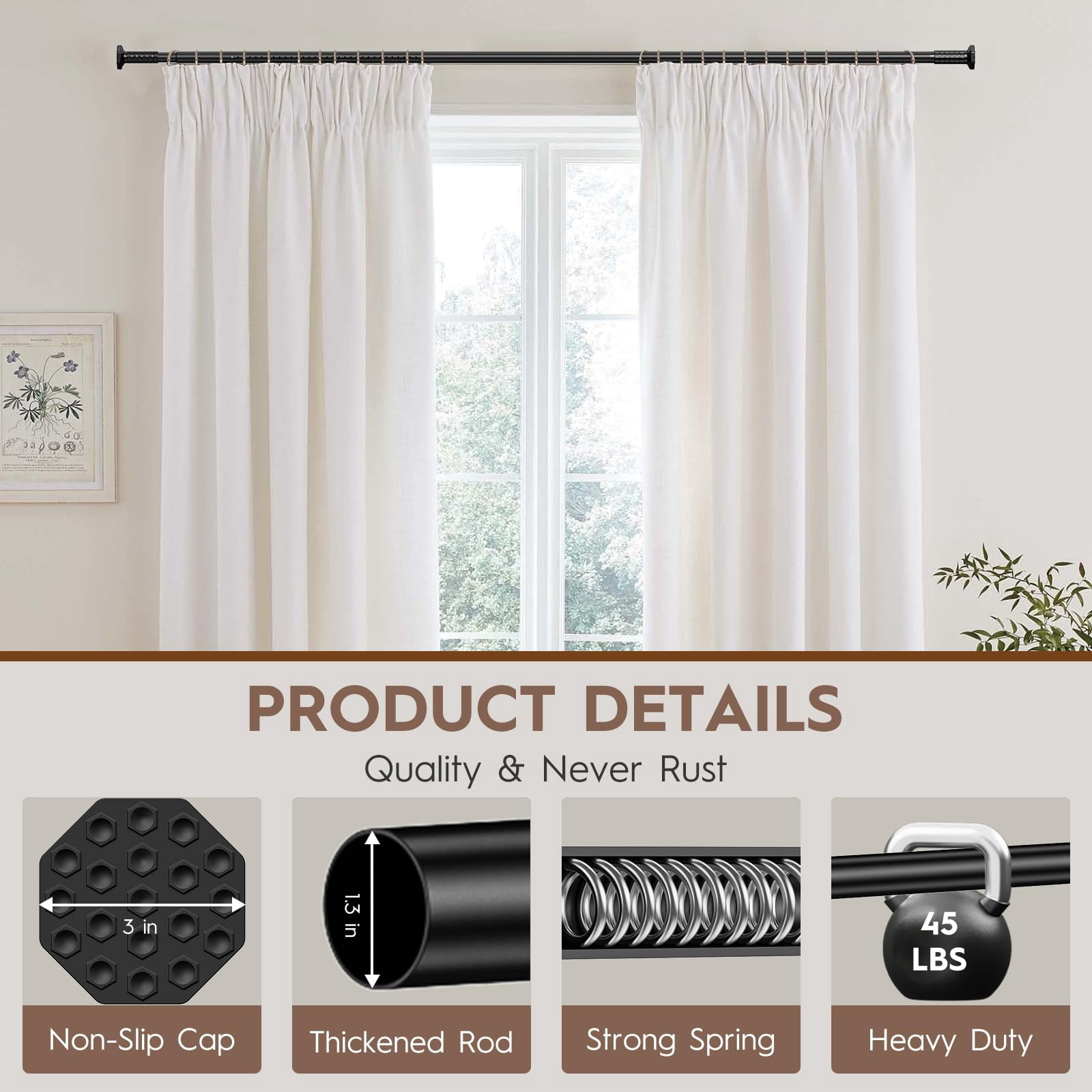 VEGCOO Tension Curtain Rod 51-86 In , Outdoor Curtain Rod No Drilling for Patio Window, Shower Curtain Rod for Bathroom, Adjustable Spring Heavy Duty Tension Rod Renter Friendly, Black