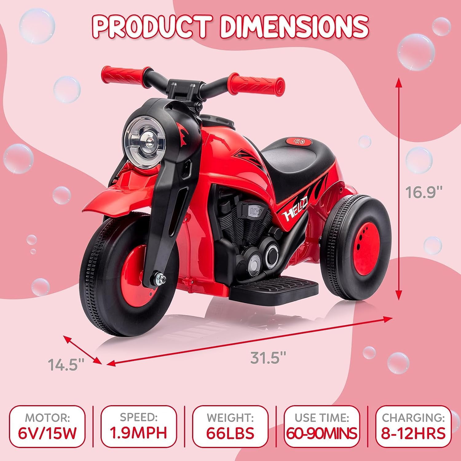 NEILA 6V 15W Kids Motorcycle with Bubble Function Battery Powered Ride on Motorbike Toy With LED Headlights, Music, 3 Wheels Kids Ride On Bubble Motorbike,for Kids Ages 3+ Boys Girls Red