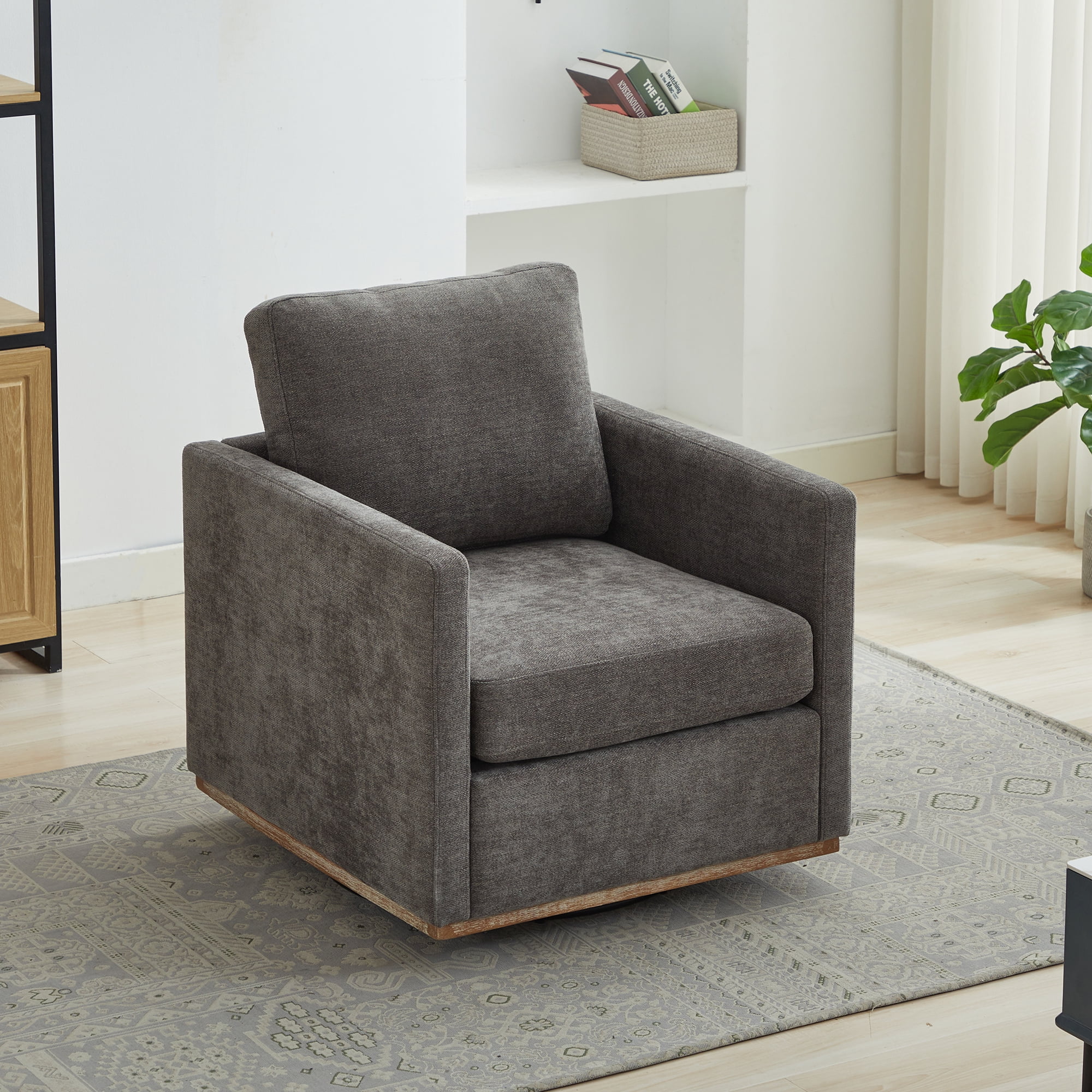 360° Swivel Accent Chair Chenille Arm Chair Upholstered Single Sofa Chair with Wooden Base,Club Lounge Reading Armchair for Living Room Bedroom Apartment,Charcoal