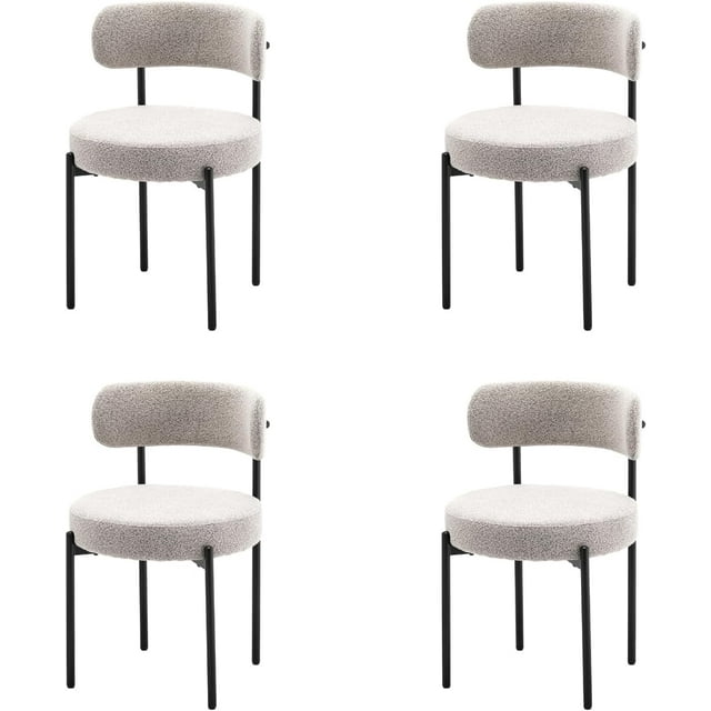 LivinVeluris Dining Chairs Set of 4 in light grey boucle fabric with black metal legs. These modern, mid-century round kitchen chairs feature a curved backrest and ergonomic design for optimal lumbar support. Each chair measures 16.5 x 15.4 x 30 inches with an 18-inch seat height and a weight capacity of 275 lbs. The light grey upholstery contrasts elegantly with the matte black frame, making them ideal for dining rooms or kitchens.