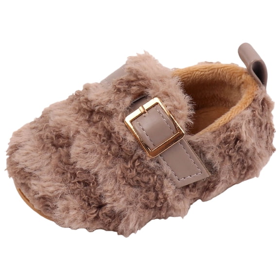 Quealent Toddler Slippers Wide Cozy Boys Girls House Slippers Non-slip Kids Soft Plush Indoor House Shoes for Winter Warm Khaki for Size 3.5