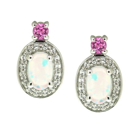 Sterling silver created opal with created pink and created white sapphire oval earrings