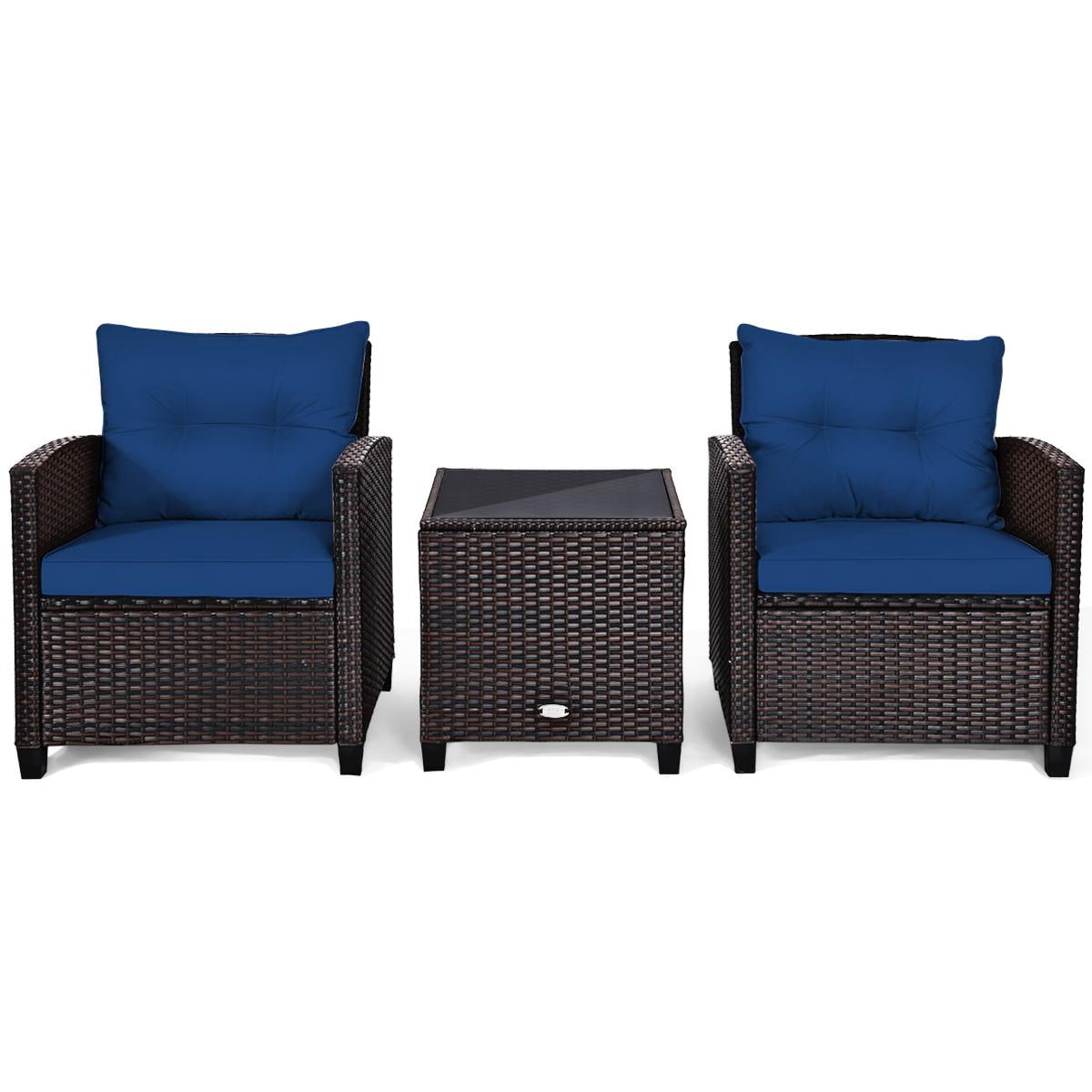 Giantex 3 Pieces Patio Furniture Set, PE Rattan Wicker 3 Pieces Outdoor Sofa Set with Washable Cushion and Tempered Glass Tabletop, Conversation Furniture for Garden Poolside Balcony (Navy)