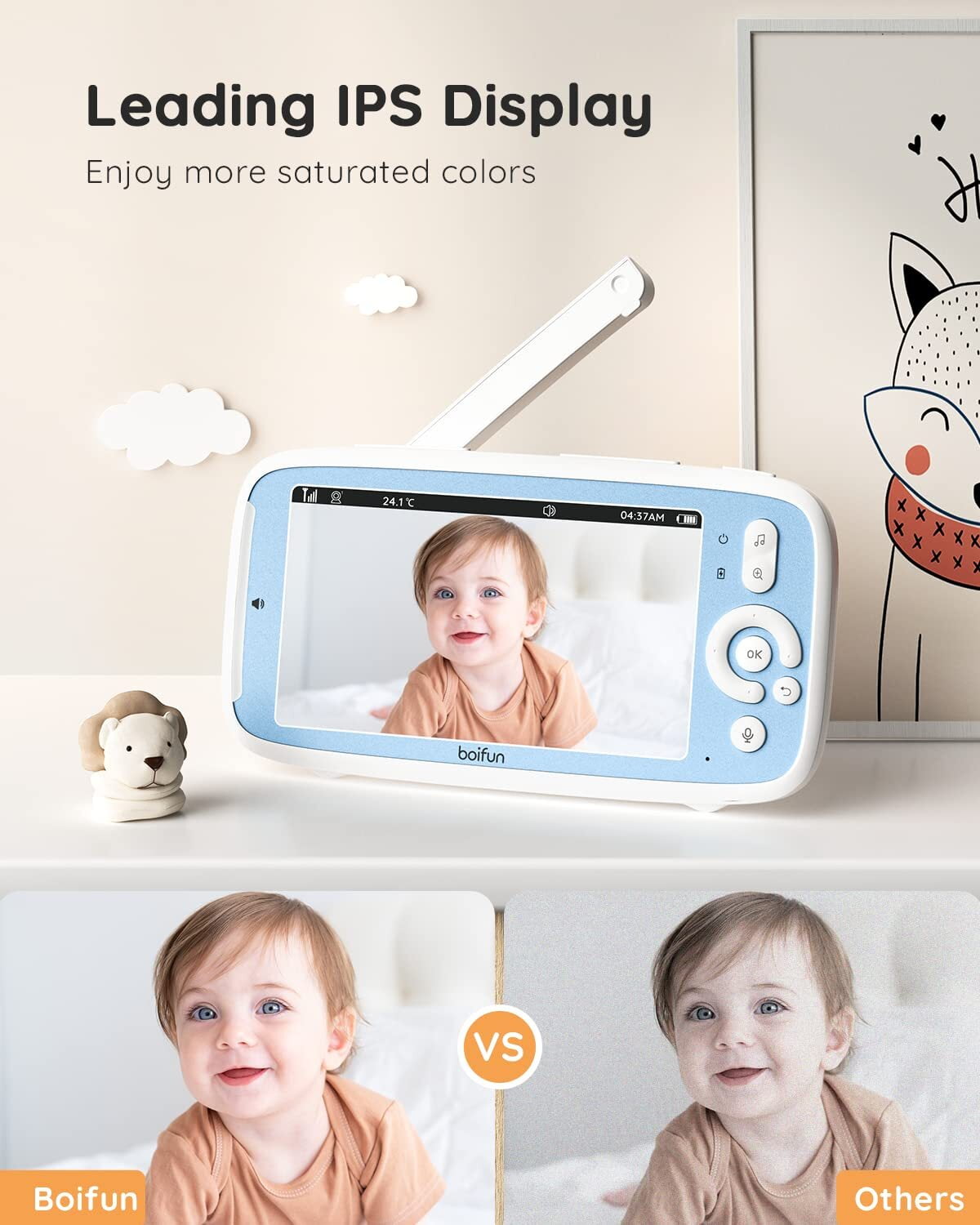 BOIFUN Video Baby Monitor with Camera and Audio,NO WIFI,5 inch IPS Display,1500ft Range,3X Zoom,Auto Night Vision,2-Way Talk,VOX,Temperature