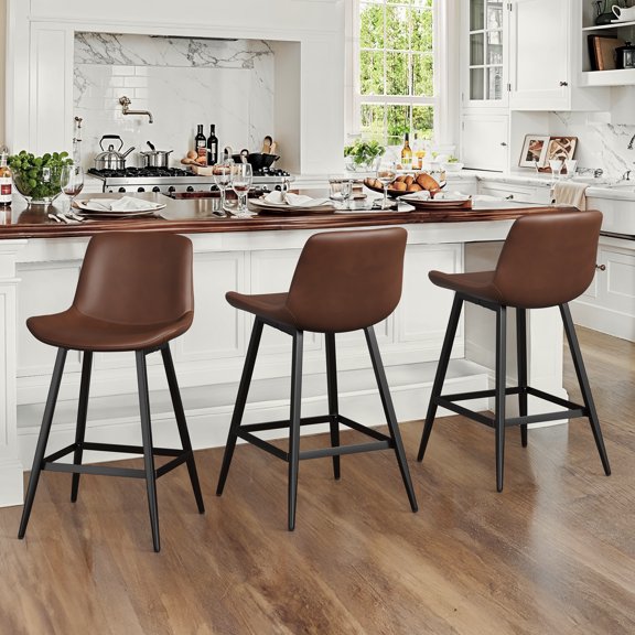 Dycanpo Modern Faux Leather 24 Inch,Counter Height Bar Stools Set of 3,for Home Kitchen, Dark Brown