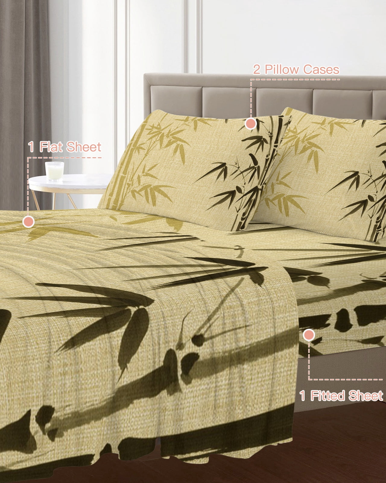 4 Piece Queen Sheet Set Vintage Bamboos Sheets Set for Queen Size Bed, Breathable Soft Microfiber Bed Sheets Cooling Ink Painting Retro Art Rustic Fitted Sheet Deep Pocket, Pillowcases