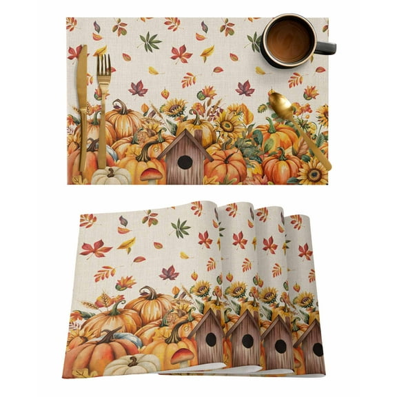 Pumpkin Flower Placemats Set of 1 Fall Fallen Leaves Chalet Thanksgiving Linen Heat Insulation Washable Place Mats, Rustic Non-Slip Table Mats for Dining Table Party Kitchen Decor,13x19 Inch