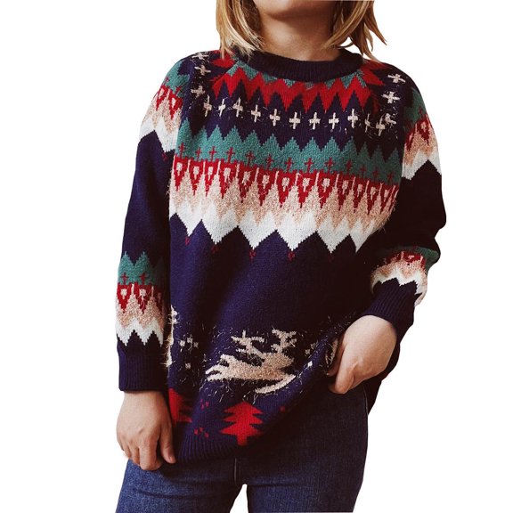 IROINNID Women's Ugly Sweater for Christmas Fleece Holiday Pullover Warm Xmas Funny Crewneck Reindeer Sweater,Navy