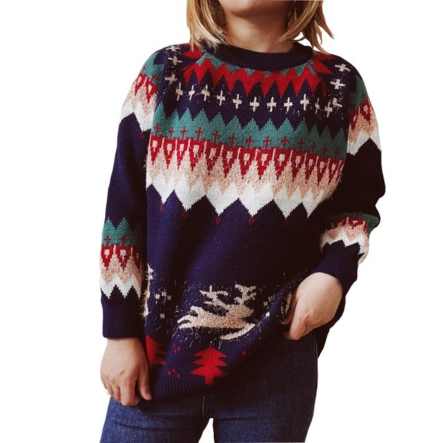 IROINID Chandail à Col Rond pour Femmes Imprimé Décontracté Mi-Long Manches Longues Hiver Noël Ample