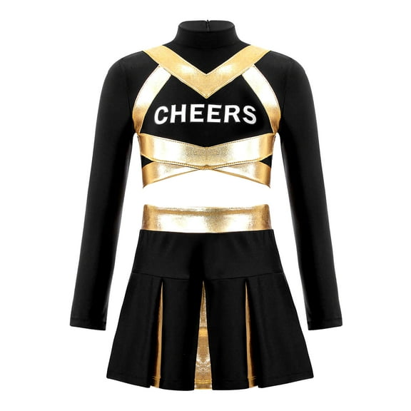 TiaoBug Girls Halloween Cheerleading Costume Crop Top with Mini Skirt Outfit High School Competition Dance Uniform Black 8