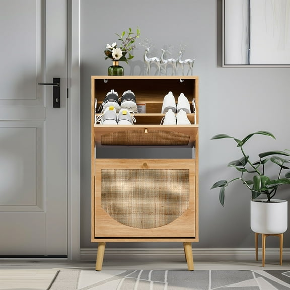 UBesGoo 2-Drawer 4-Tier Rattan Shoe Storage Cabinet, Shoe Rack Organizer for Entryway Living Room Bedroom Hallway Apartment, Natural