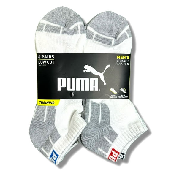 PUMA SOCKS MEN'S - LOW CUT - CUBE 253 - WHITE RED BLUE - LARGE (10-13) PACK 6 XX
