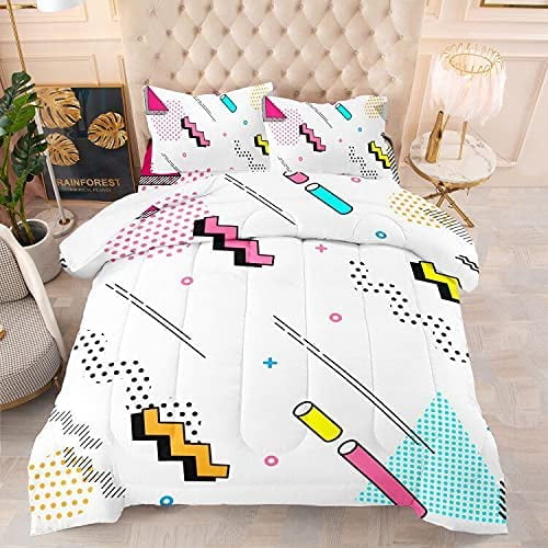 Color Geometry Wave Point Comforter Set Full Size,Soft Microfiber Bedding Set 3 Piece Bed Down Comforter (1 Space Comforter + 2 Pillowcases) for Boy Girl Teen