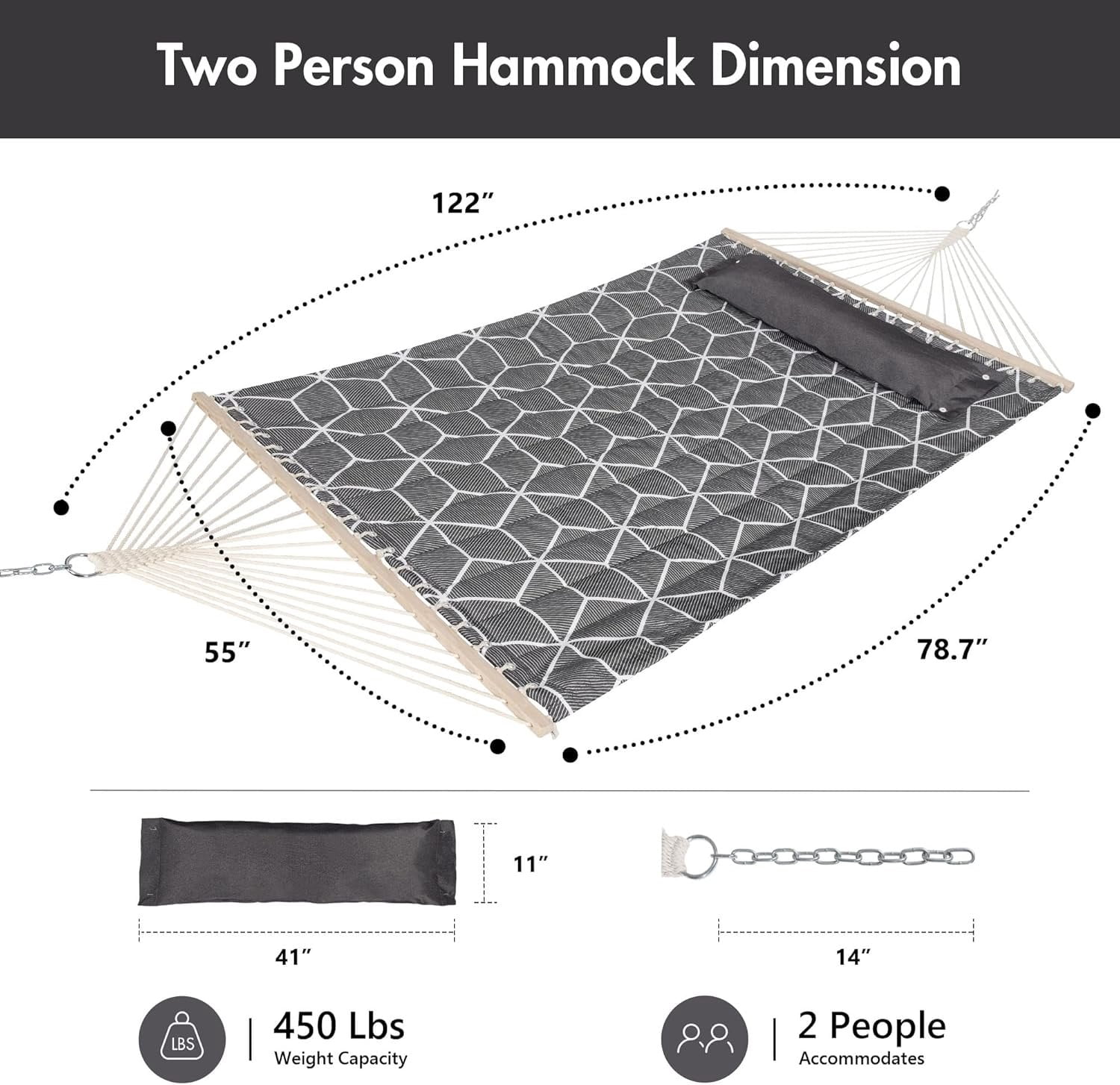 Outdoor Hammock with Spreader Bars and Detachable Pillow, 2 Person Hammock, 450 LBS Weight Capacity, Gray Cube