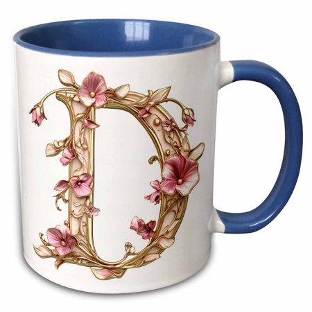 3drose, Pink and Image of Gold Floral Monogram Initial D, 11oz Two-tone Blue Mug