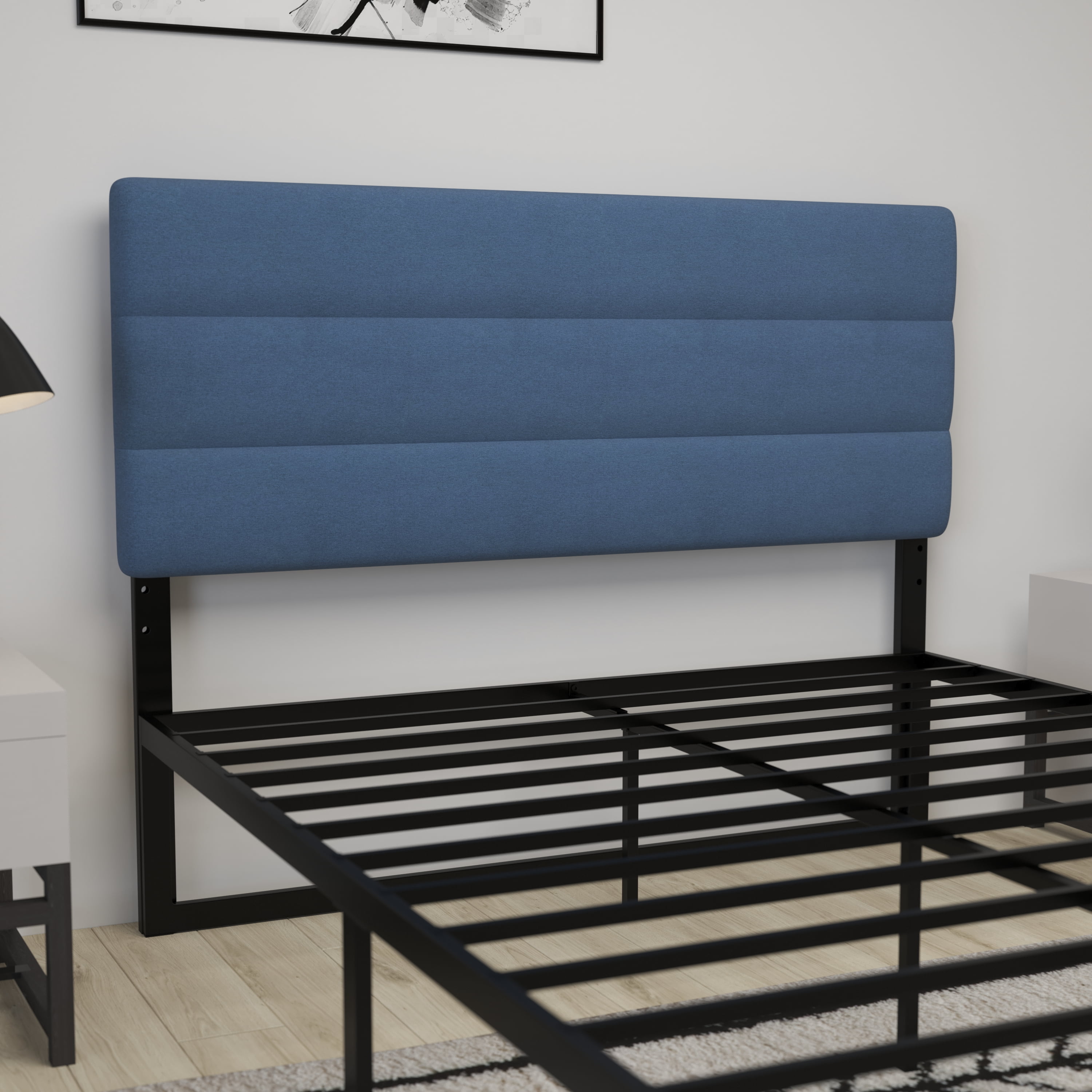 Merrick Lane Queen Headboard with Blue Tufted Fabric Upholstery and Powder Coated Metal Frame