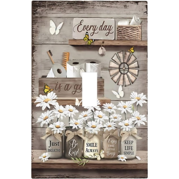 Rustic Farmhouse Country Daisy Floral Light Switch Cover 1 Gang Single Toggle Wall Plate Decorative Switchplate Electrical Faceplate for Bathroom Kitchen Home Decor Accessories 5" X 3"