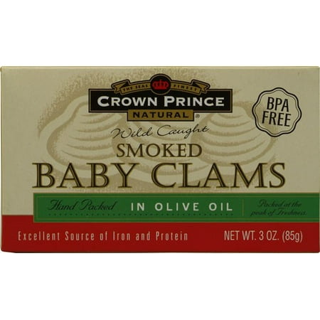 Crown Prince Natural Canned Wild Caught Smoked Baby Clams, in Olive Oil, 3 Oz