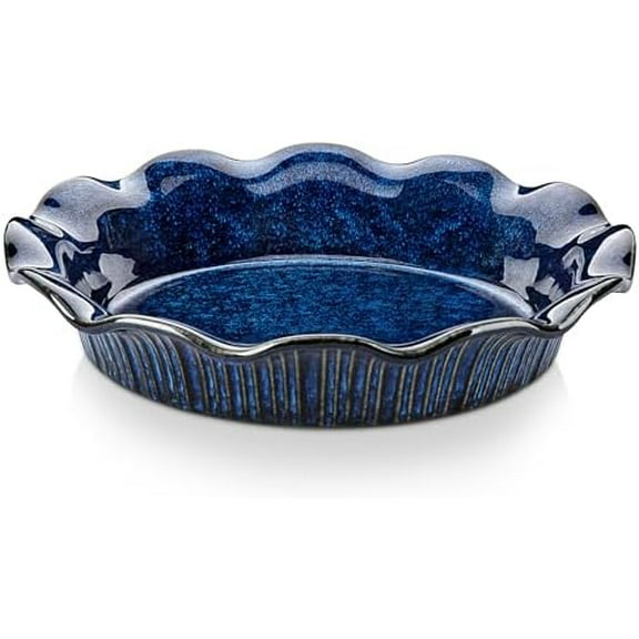 Ceramic Pie Pan for Baking, 9 inch Deep Pie Plates for Apple Pie, Pot Pie, Tart and Quiche, Reactive Glaze Fluted Pie Pans, Large Pie Dish with Ruffled Edge, Blue, STERN Series