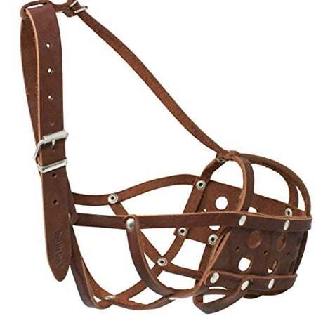 - Secure Real Leather Dog Mesh Basket Muzzle Brown (Circum. 16.5